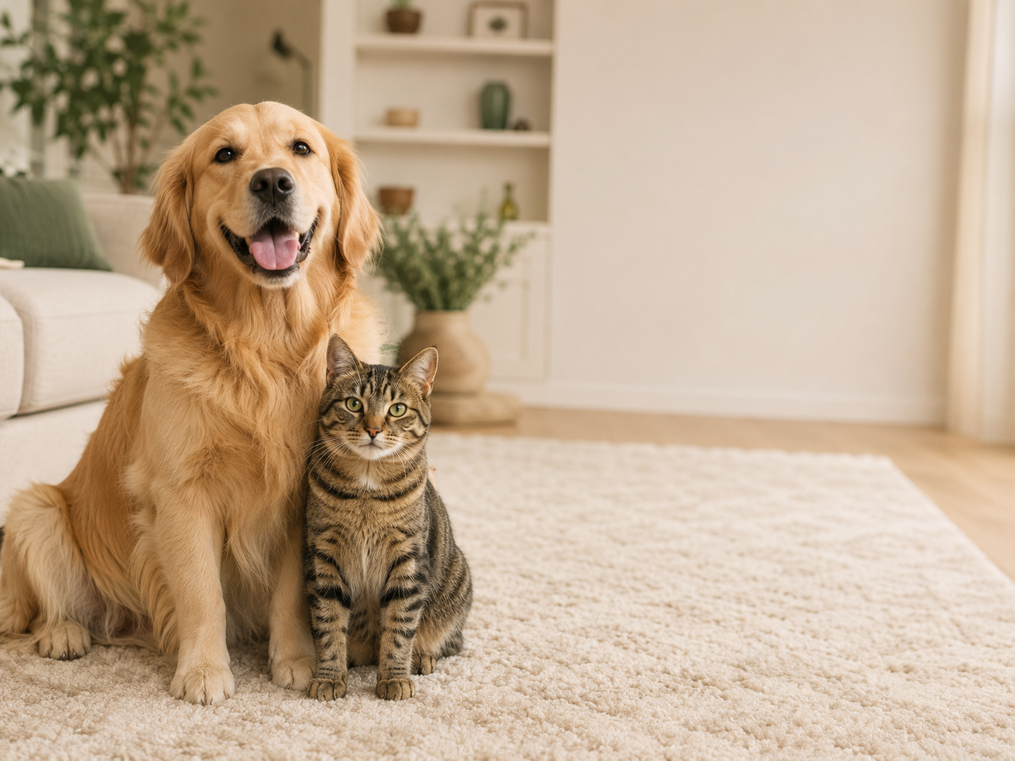 A happy dog and cat relaxing at home